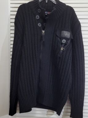 EFOR Wool Acrylic Black Chunky-Knit Cardigan Sweater XL Full Zip Mock Neck